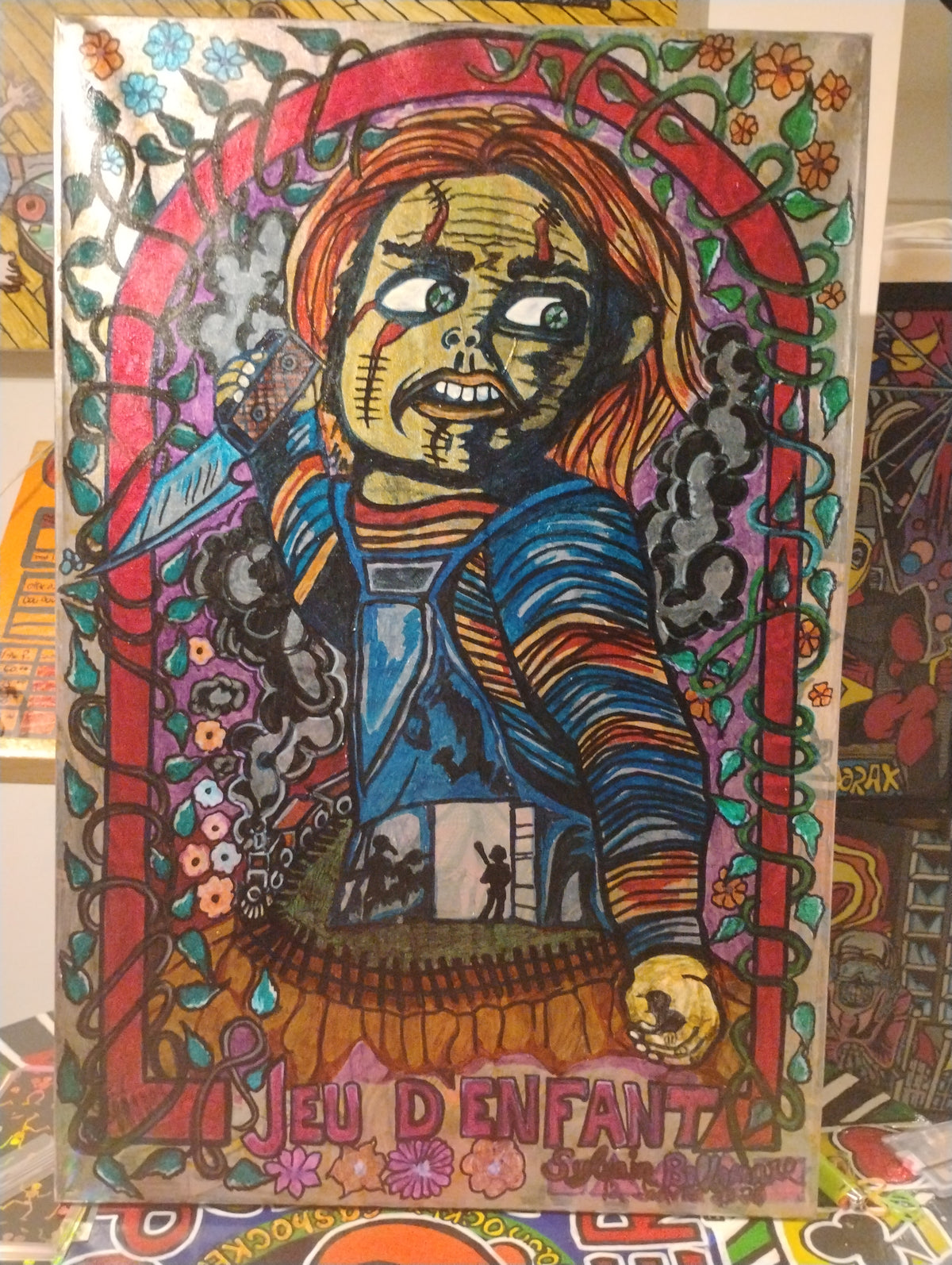 Chucky peinture acrylique et feutre.