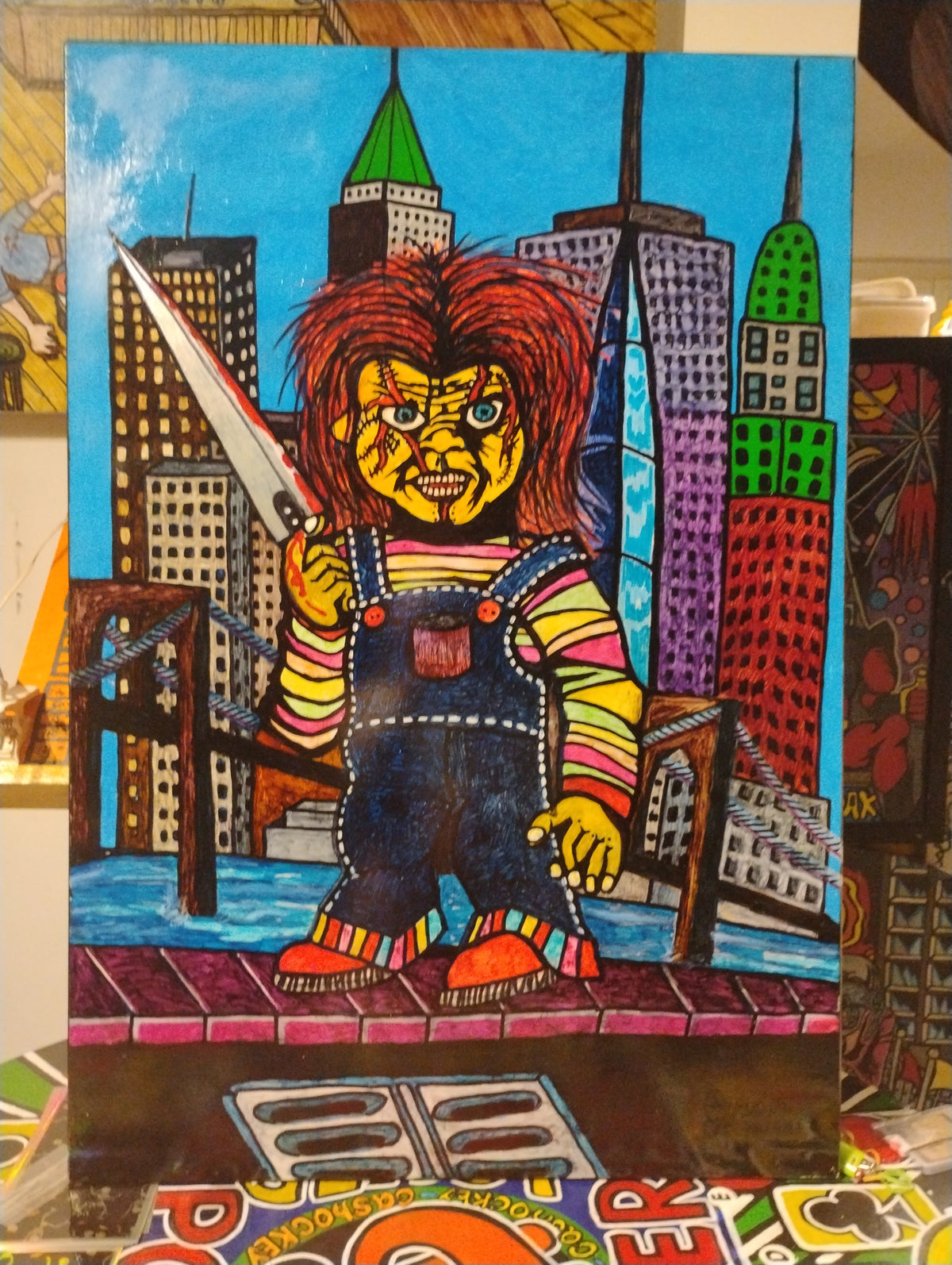Chucky a New York acrylique et feutre plus vernis.